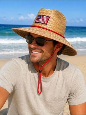 Solfish Unisex Straw Sun Beach Outdoor Hat w/American Flag USA EUC OS Beach